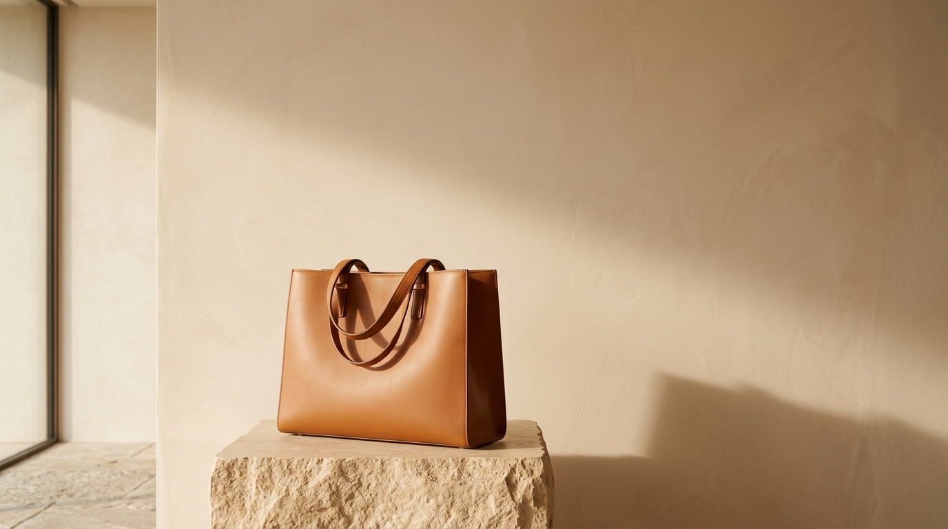Vellora caramel leather tote bag standing on a stone pedestal