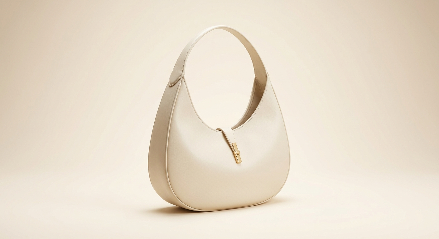 Cream-white crescent hobo shoulder bag in smooth leather by Vellora