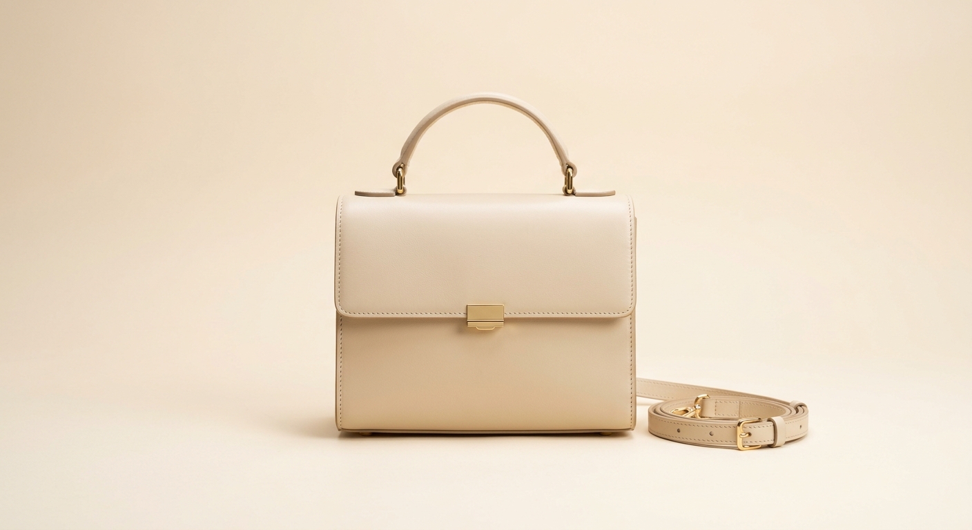 Oat-ivory structured mini box crossbody bag with gold-tone closure by Vellora
